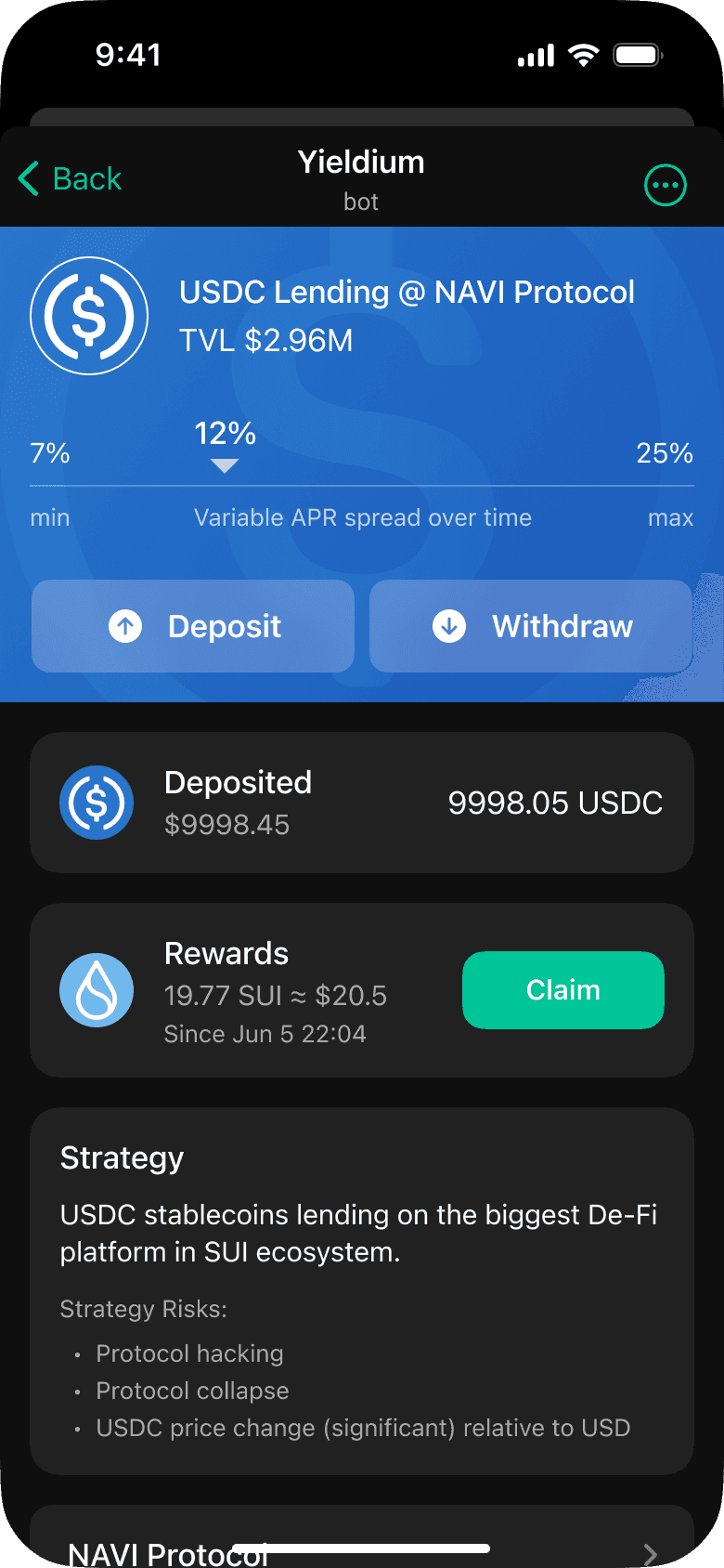 Yieldium telegram app's strategy screen
