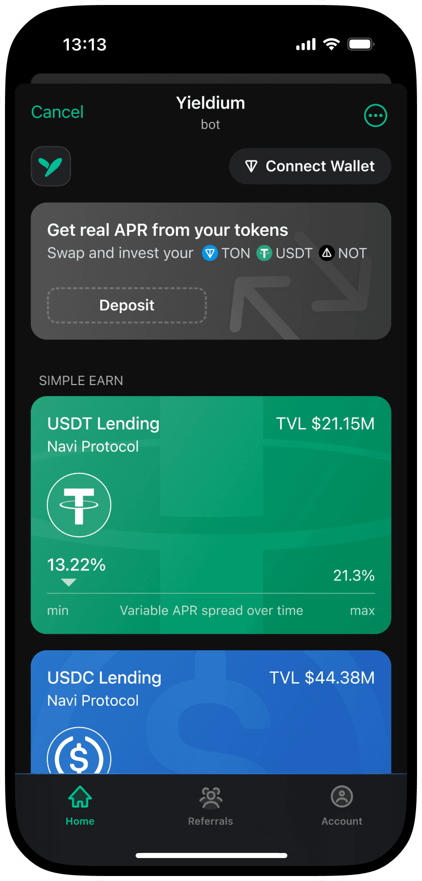 Yieldium Telegram app's landing screen